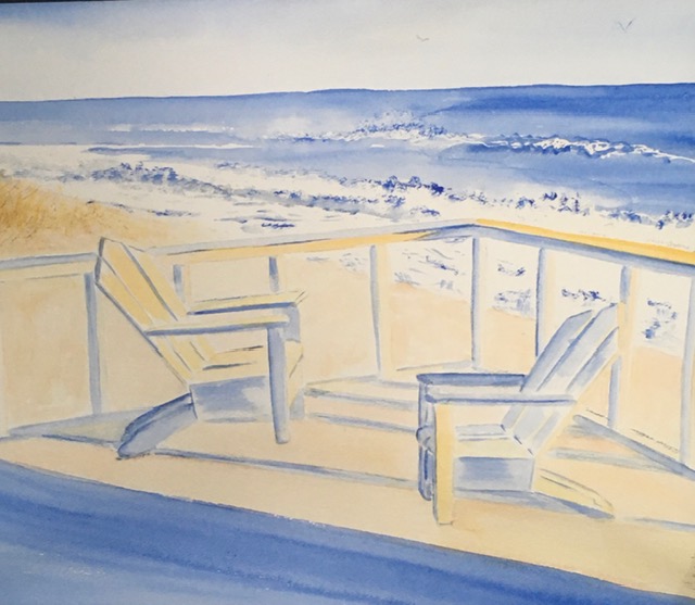 Chairs on Deck with Beach Watercolor